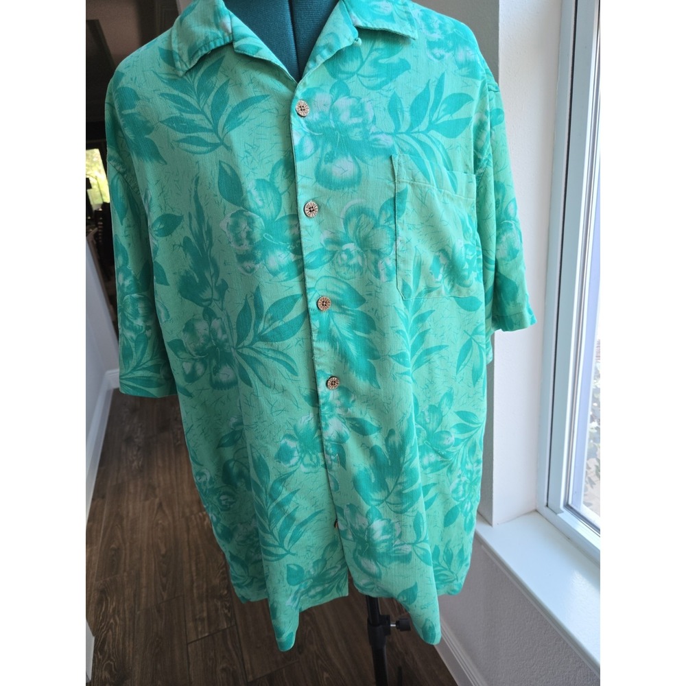 Caribbean Joe Mens Sz XL Button-up Shirt Washable Silk Tropical Beach Green